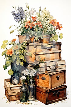 From Vintage Vases to Rustic Crates: A Colorful Garden Wall Illu