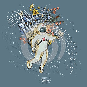 Vintage vector astronaut illustration with flowers. Science fiction, Hand drawn space