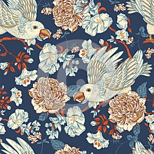 Vintage vector Bird with flowers seamless pattern. Natural floral illustration