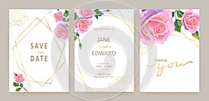 Vintage vector card or wedding invitation with acrylic or oil pink roses and golden elements on white background