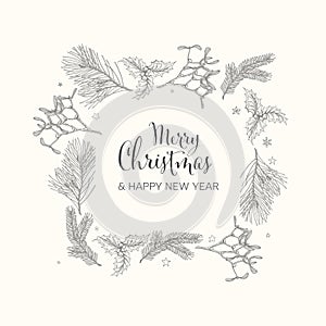 Vintage vector Christmas card with christmas frame made from doodles