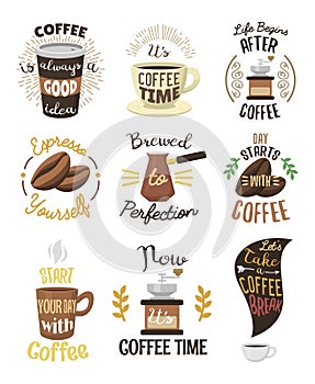 Vintage vector coffeeshop logo text labels and coffee drink love quote ribbon logo coffeebeans badges calligraphy break