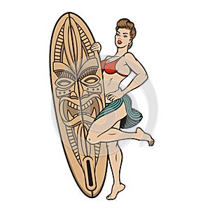 Vintage vector colour illustration with pin up girl with a surfboard