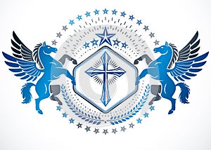 Vintage vector design element. Retro style created using graceful Pegasus, religious cross and hatchets