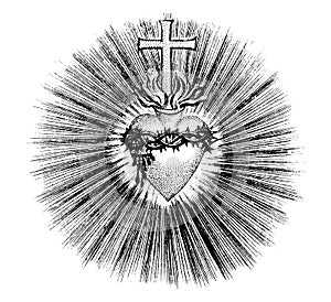 Vintage Vector Drawing or Engraving of Grunge Antique Illustration of Christian Heart with Cross, Flames and Crown of