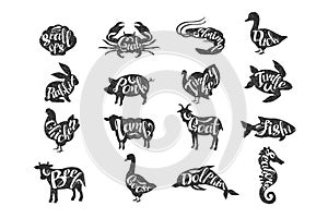 Vintage vector of farm animals and sea animals with lettering. Rabbit, pork, turkey, chicken, lamb, goat, beef, duck