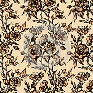 Vintage vector floral seamless pattern in victorian style with flowers, buds and leaves of roses. Ink line art monochrome drawing