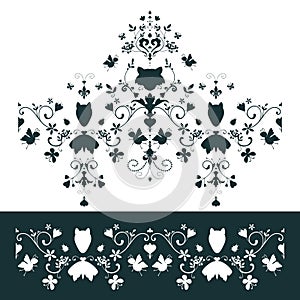 Vintage vector illustration. Black and white silhouette. Floral luxury seamless border