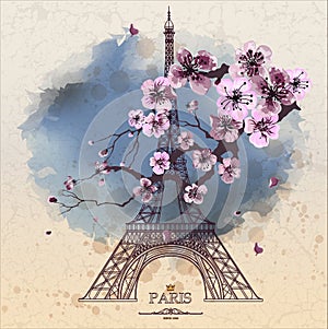Vintage vector illustration of Eiffel tower with sakura flowers on grunge background