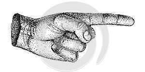 Vintage vector illustration of a hand drawn pointing finger gesture showing direction. black and white template in retro style.