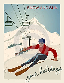 Vintage vector illustration. Skier getting ready to descend the mountain. Winter background. Ski resort concept. For