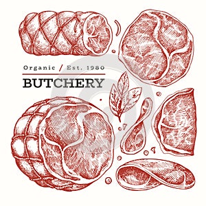Vintage vector meat illustration. Hand drawn ham, ham slices, spices and herbs. Raw food ingredients. Retro sketch. Can be use for