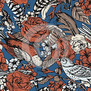 Vintage vector roses and birds seamless pattern, dark botanica