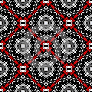 Vintage vector seamless greek mandalas pattern. Ornamental floral black white red background. Ethnic tribal style backdrop. Modern