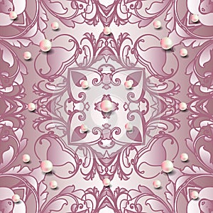 Vintage vector seamless pattern. Jewelry floral background. Repeat rose pink backdrop. Antique Baroque style ornaments. Vintage