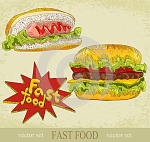 Vintage vector set of fast food