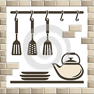 Vintage vector set of kitchen equipment symbols isolated on white. Flat cartoon graphic silhouettes of tea pot, kettle, pan spoon