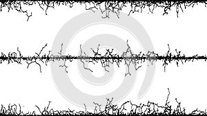 Vintage vector of Silhouette of a wire fence, barbed wire border with branches black and white, barbed wire seamless background