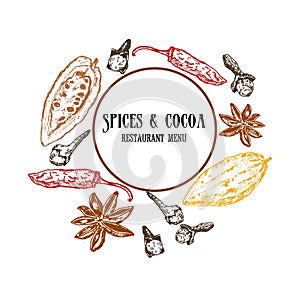 Vintage vector template of colored cocoa beans and spices. Cloves, cardamone, chili pepper and seeds. Hand drawn circle