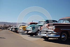 vintage vehicle collection, with cars and trucks parked in row on sunny day