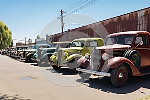 vintage vehicle collection, with cars and trucks parked in row on sunny day