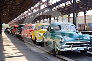 vintage vehicles of different colors in a row on the platform