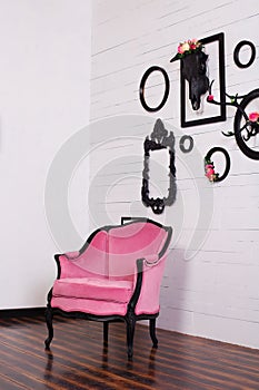 Vintage velor armchair, in a bright room. Various empty picture frames with a skull and antlers hanging on a wooden wall. The conc