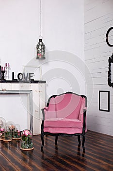 Vintage velor armchair, in a bright room. Various empty picture frames with a skull and antlers hanging on a wooden wall. The conc