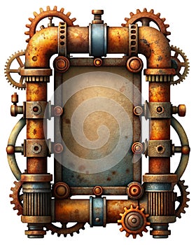 Vintage vertical frame steampunk with rusty pipes and gears,on white background. AI generated.