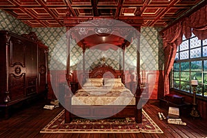 Vintage Victorian bedroom interior with four poster bed. 3d illustration