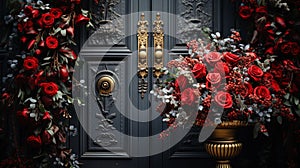 Vintage victorian cottage door with a christmas wreath filled with roses inside. Christmas time