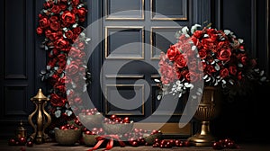 Vintage victorian cottage door with a christmas wreath filled with roses inside. Christmas time.