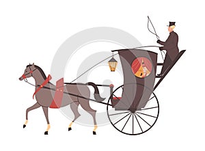 Vintage Victorian era carriage with horse, flat vector illustration isolated.