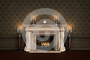 Vintage Victorian fireplace with carriage clock and candles on the mantlepiece and fire buring in the grate. 3D illustration