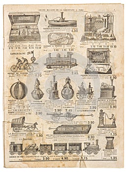 Vintage victorian toys collection Antique advertising Old engraved picture