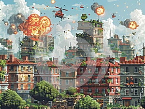 Vintage Video Game Battle Scene in Pixel Art Heroes and villains blur into a clash of tiny squares