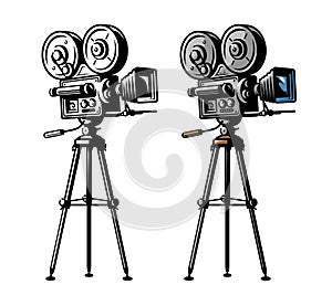 Vintage video projector. Retro movie camera on tripod isolated on white background. Vector illustration