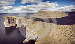 Sorvagsvatn lake over the ocean wide angle vintage view, Faroe Islands