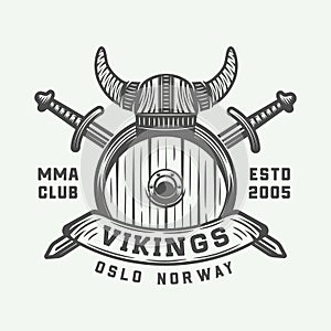 Vintage vikings motivational logo, emblem, badge in retro style.