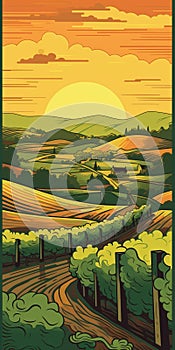 Vintage Vineyard Sunset Portrait Illustration