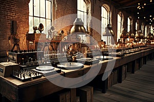 Vintage vinyl bar in industrial loft with turntable, musical artifacts, and brick walls
