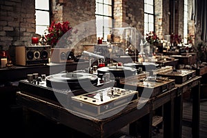 Vintage vinyl bar in industrial loft with turntable, musical artifacts, and rustic brick walls