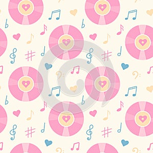 Vintage vinyl record, music notes and hearts seamless pattern. Pastel wrapping paper or fabric template.