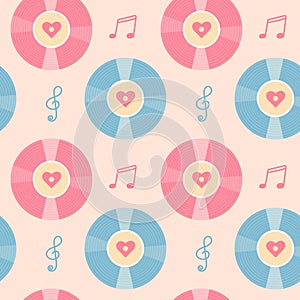 Vintage vinyl record, music notes and hearts seamless pattern.