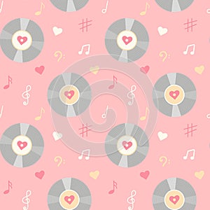 Vintage vinyl record, music notes and hearts seamless pattern.