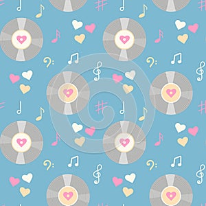 Vintage vinyl record, music notes and hearts seamless pattern.