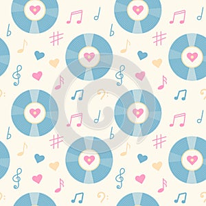 Vintage vinyl record, music notes and hearts seamless pattern.