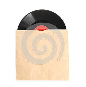 Vintage vinyl record in paper cover isolated on white, top view