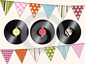 Vintage vinyl records and bunting background