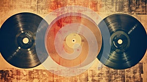 Vintage vinyl records on grunge background. Retro music concept. Generative AI